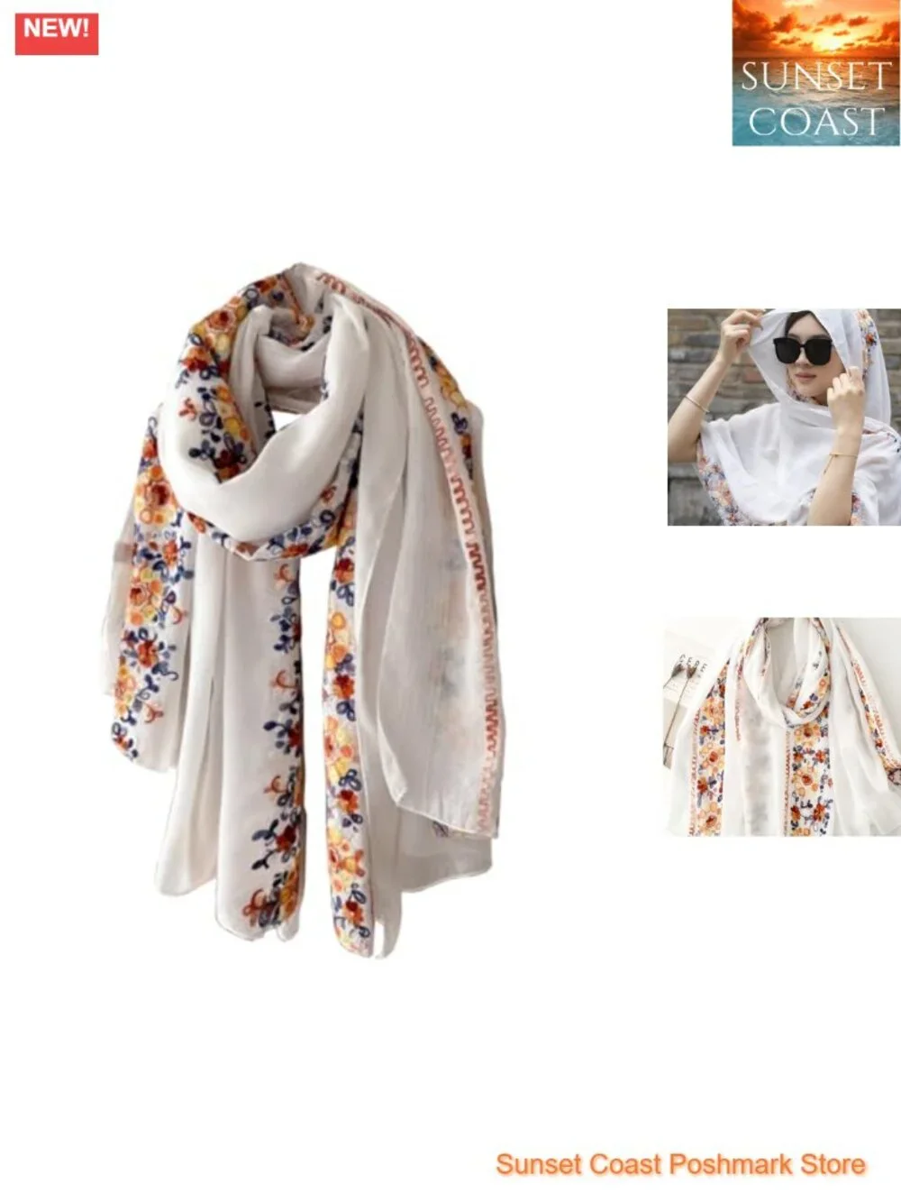 Ethnic Floral Embroidered Shawl Wrap Lightweight Sun Protection Beach Scarf